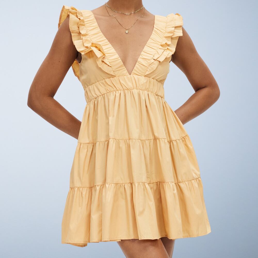 Abercrombie & Fitch Butter Yellow Ruffle Tiered V-Neck Mini Dress Medium